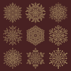 Set of vector snowflakes. Fine winter golden ornaments. Snowflakes collection. Snowflakes for backgrounds and designs