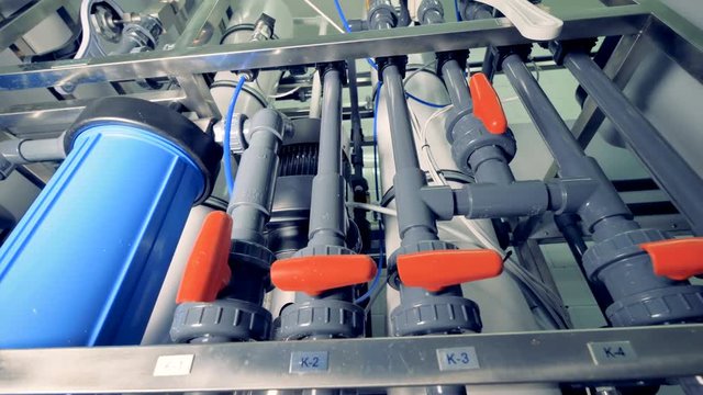 Plastic pipes at the factory. Water treatment plant.
