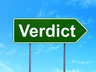 Law concept: Verdict on green road highway sign, clear blue sky background, 3D rendering