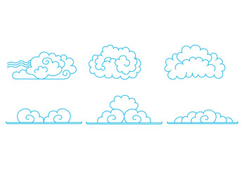 Set of clouds. Hand drawn Chinese blue clouds. Outline Contours of clouds in the oriental style. Сlumpy clouds. Vector AI10