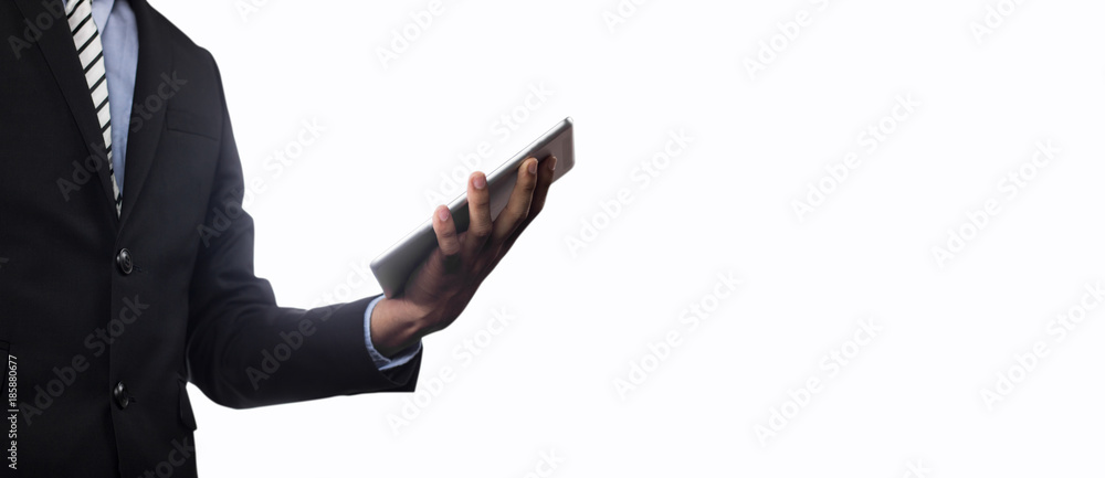 Wall mural businesssman holding tablet isolated on white background.