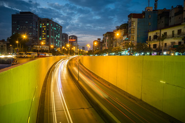 Fototapeta na wymiar Kim Lien traffic tunnel at twilight in Hanoi, Vietnam