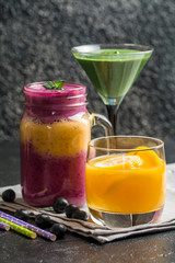 Blueberrie smoothie, lemonade and green cocktail 