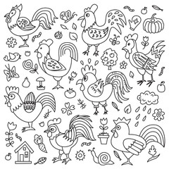 Vector illustration of farm. Rooster design. Template for style design.