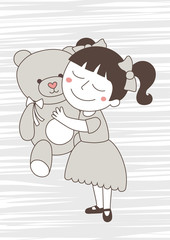 Little girl with bear toy. Stock vector template, easy to use.