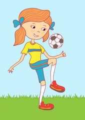 Illustration of a teenage girl using the soccer ball. Stock vector template, easy to use.