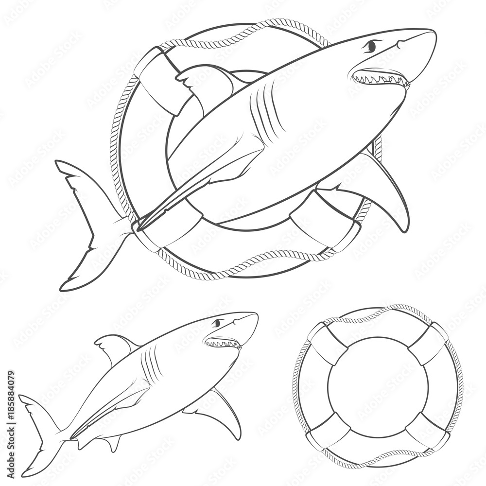 Poster set of black and white illustrations shark in the lifeline. isolated vector objects on white backgro