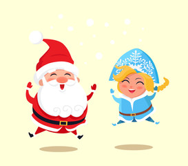 Snow Maiden and Santa Jumping Vector Illustration