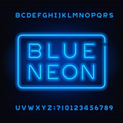 Blue neon tube alphabet font. Neon color bold letters and numbers. Stock vector typeset for your headers or any typography design.