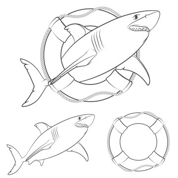 Set of black and white illustrations shark in the lifeline. Isolated vector objects on white background.