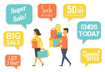 Family at sale. Man and woman doing shopping with discount. Vector illustration