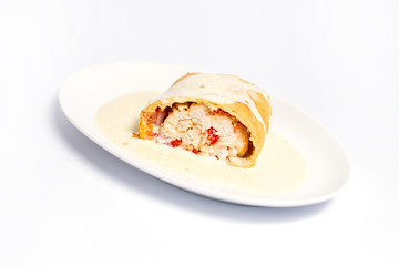 Bacon and cheese filled puff pastry strudels isolated over white background