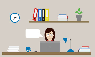 Vector illustration of office with clock, folders and flower on shelf and woman sitting at desk with laptop