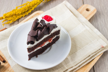 chocolate on piece cake on white dish