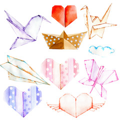 Watercolor paper origami illustrations set, hand painted isolated on a white background, for Valentine's Day greeting card, wedding card, romantic prints