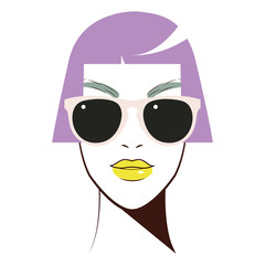 Young woman with funky sunglasses in vector. Stylish girl with modern spectacles. Cute woman face avatar. Bob hairstyle women with yellow lipstick
