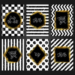 Collection of 6 vintage card templates in white and black colors and with a gold frame. For the wedding, marriage, save the date cards, invitations, greetings.