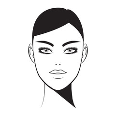 Brow bar lash room. Hand-drawn woman with fresh makeup look and perfectly shaped full eyelashes and brows. Beauty face. Perfect makeup
