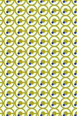 Golden round geometric retro pattern with blue dots.