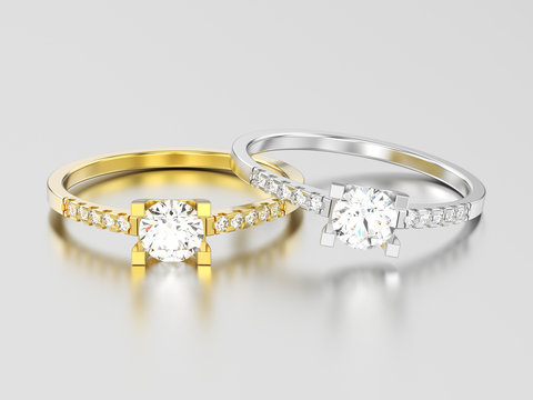 3D illustration two yellow and white gold or silver engagement round cut shape rings with diamonds