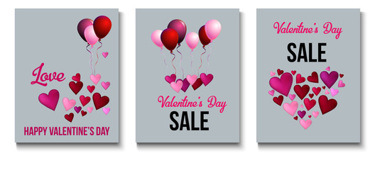 Valentines Day Greeting Cards, Love Holiday Sale Banner Ads Vector Set. Romantic Background, Gift Voucher Template. Valentines Day Greeting Cards, Ads Retro Decoration Sale Banner with Lettering