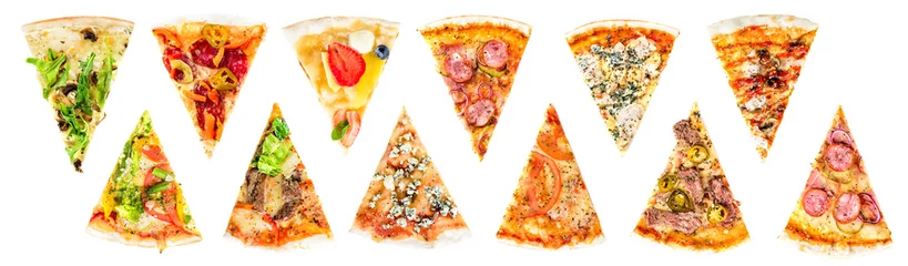Abwaschbare Fototapete Pizzeria Satz eines Stücks köstlicher frischer italienischer Pizza lokalisiert auf einem weißen Hintergrund