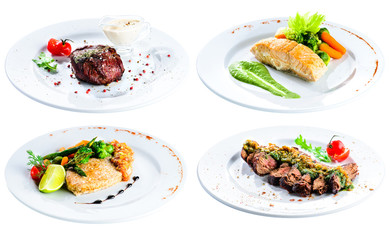 set delicious steak served on a white plate for menu, close-up isolated