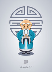 Cartoon Asian gray-haired old man in national clothes with ornament on background of symbol longevity. Chinese man stands with folded arms in gesture. Chinese New Year Illustration
