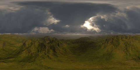 panorama of green hills landscape . made with one 360 degree lense camera without any seams. ready for vr360 virtual reality