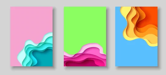 Foto auf Acrylglas Cover or flyer template with abstract paper cut blue green pink yellow background. Vector template in carving art style © Olha