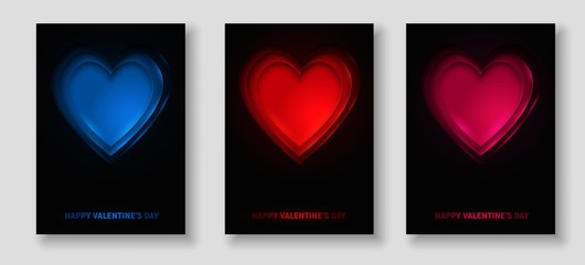3d abstract cut out set of heart shapes with neon light from inside. Vector design layout template