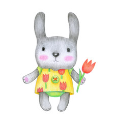 Obraz na płótnie Canvas Cute baby rabbit holding tulip isolated.