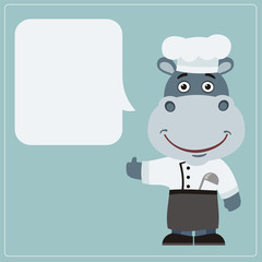 Chef hippo with speech bubble in cartoon style. Smiling hippo cook says and shows like.