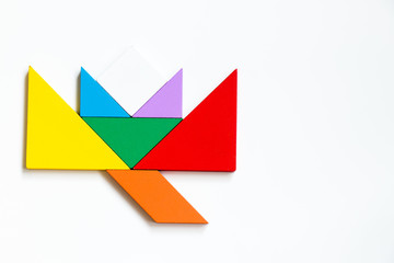 Color wood tangram puzzle in blooming flower shape on white background