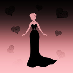 Beautiful slender lady in a long black dress, against the background of hearts