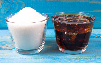 Carbonated drink with ice. The concept of sugar content in sweetened beverages.