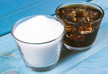 Carbonated drink with ice. The concept of sugar content in sweetened beverages.