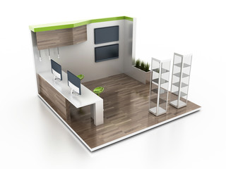 Exhibition stand on white, original 3d rendering and models