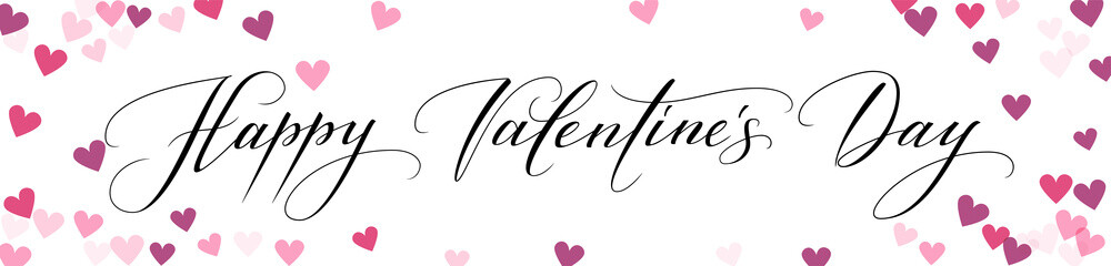Obraz premium Banner with hearts and Happy Valentines day hand written calligraphy