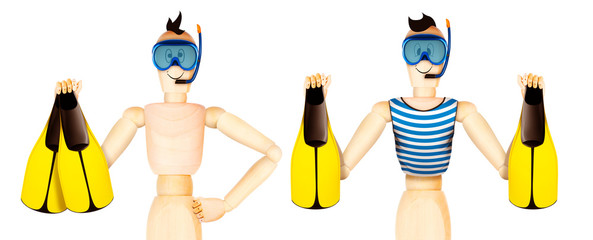 Funny character in diving mask holding flippers