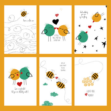 Set Of Love Cards With Bees And Birds.
