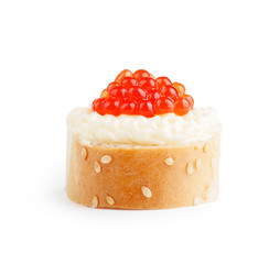 Sandwich with red caviar isolated on white background.