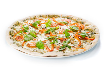 Traditional delicious Italian pizza with tomato, cheese, pepper and basil on light background