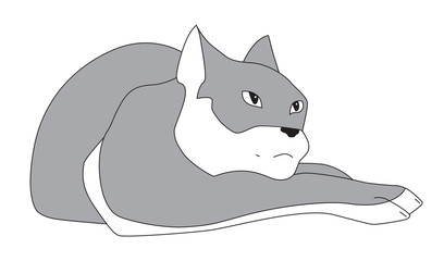 Hand drawn lying gray cat. Vector image on white background. Animal illustration. Isolated for logo or mascot.