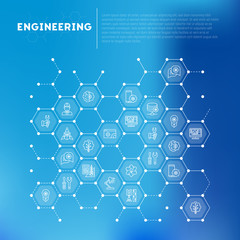 Engineering concept in honeycombs with thin line icons: engineer, electronics, calculations, tools, repair, idea, it server. Modern vector illustration for web page, banner, print media.
