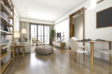 3d rendering wood scandinavian living and dining room