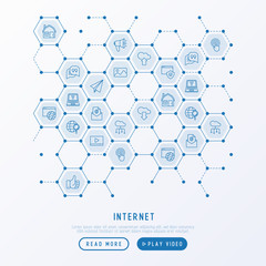 Internet concept in honeycombs with thin line icons: e-mail, chat, laptop, share, cloud computing, seo, download, upload, stream, global connection. Modern vector illustration for web page.