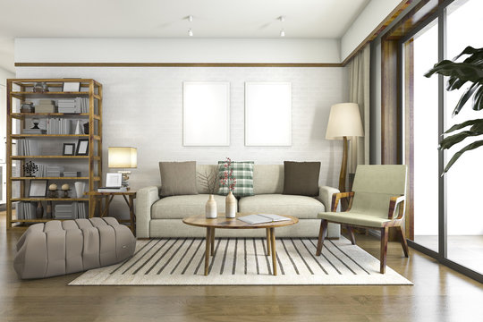 3d rendering scandinavian wood living room