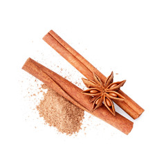 Cinnamon sticks isolated on white background. Top view