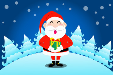 Santa Clause cartoon character hold a christmas gift with snow located background
